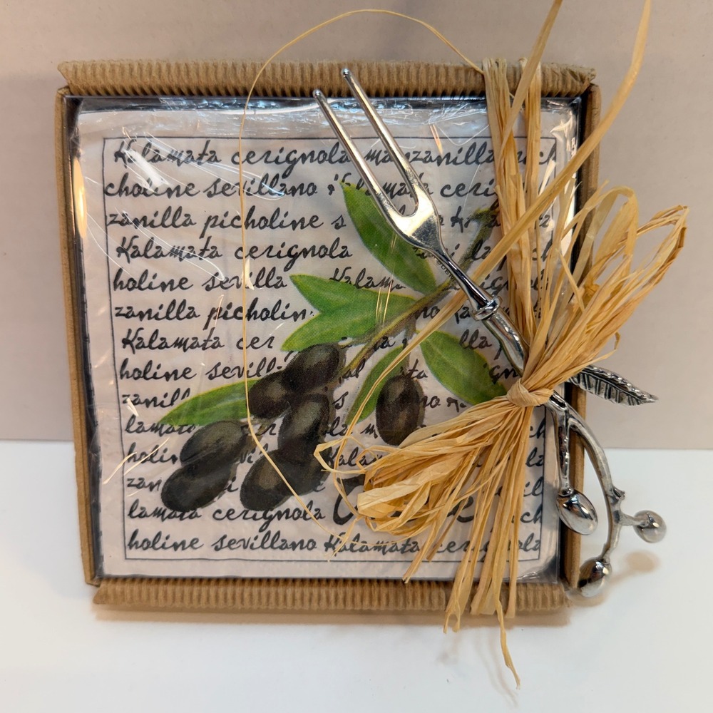 Mud Pie Olive Napkin Set Silver Olive Branch Fork Server Rustic Party Dinner NEW